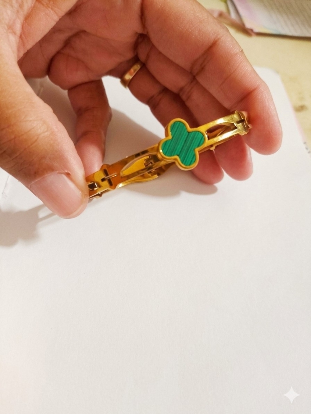 Gold-Tone Stainless Steel Green Clover Bangle - Women Accessories